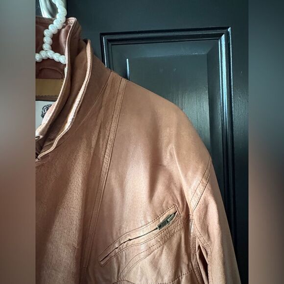 VTG The New Age Brown Leather Double Collar Bomber Jacket Size S - Picture 7 of 15